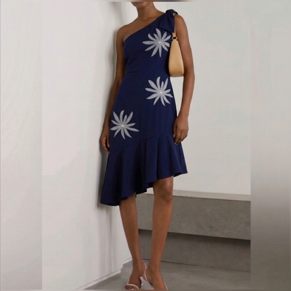 Milly Beatrice Navy Blue One Shoulder Embroidered Midi Dress Size 4 - Picture 2 of 9